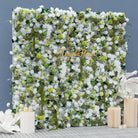 Wedding reception photo backdrop, lush artificial white rose greenery flower wall panel for photoshoot