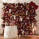 Faux rose, peony and chrysanthemum densely packed flower wall