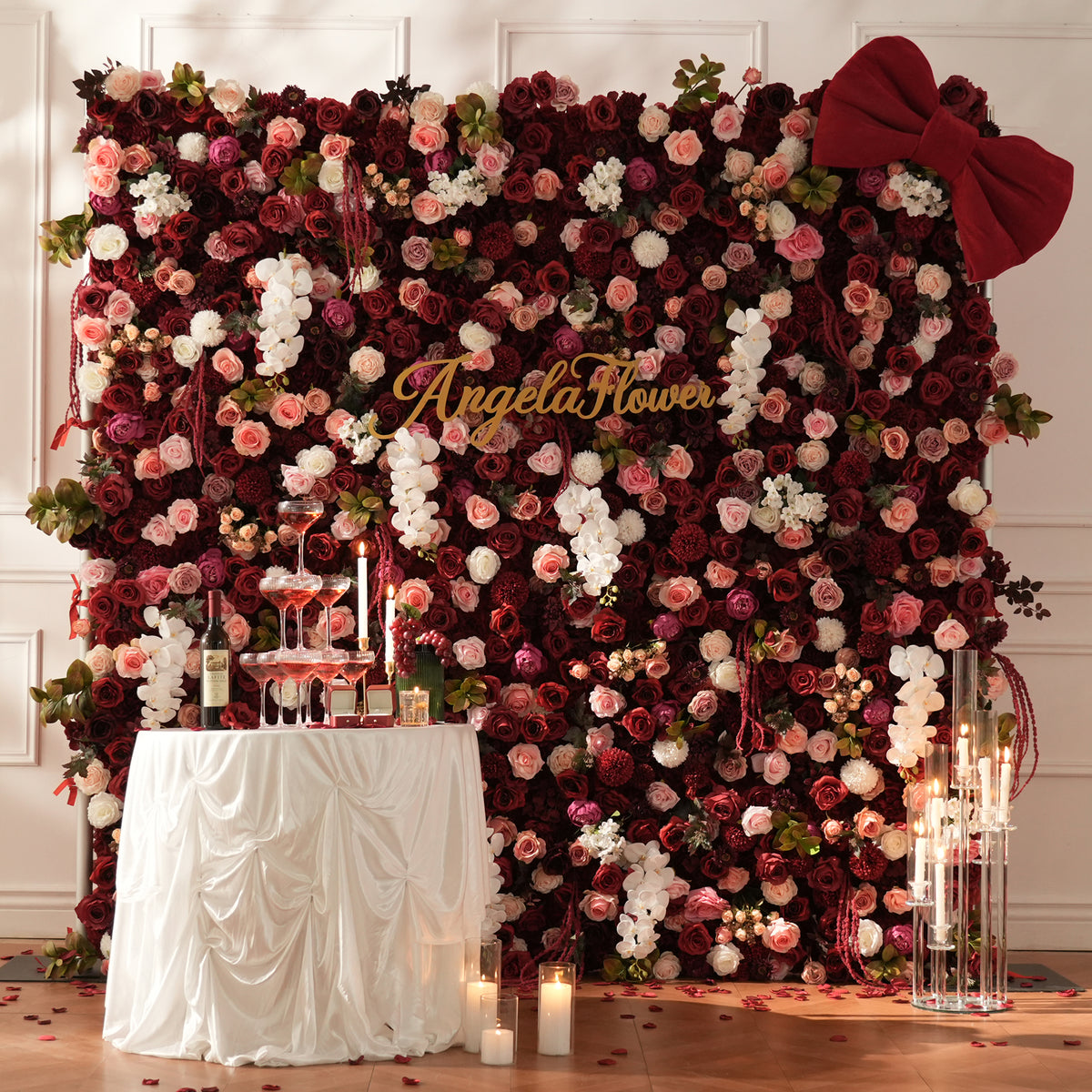 Faux rose, peony and chrysanthemum densely packed flower wall