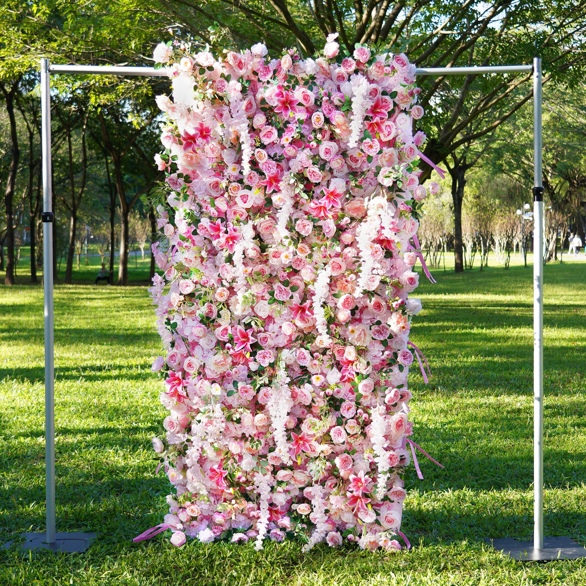 Outdoor garden display of pink rose wisteria flower backdrop