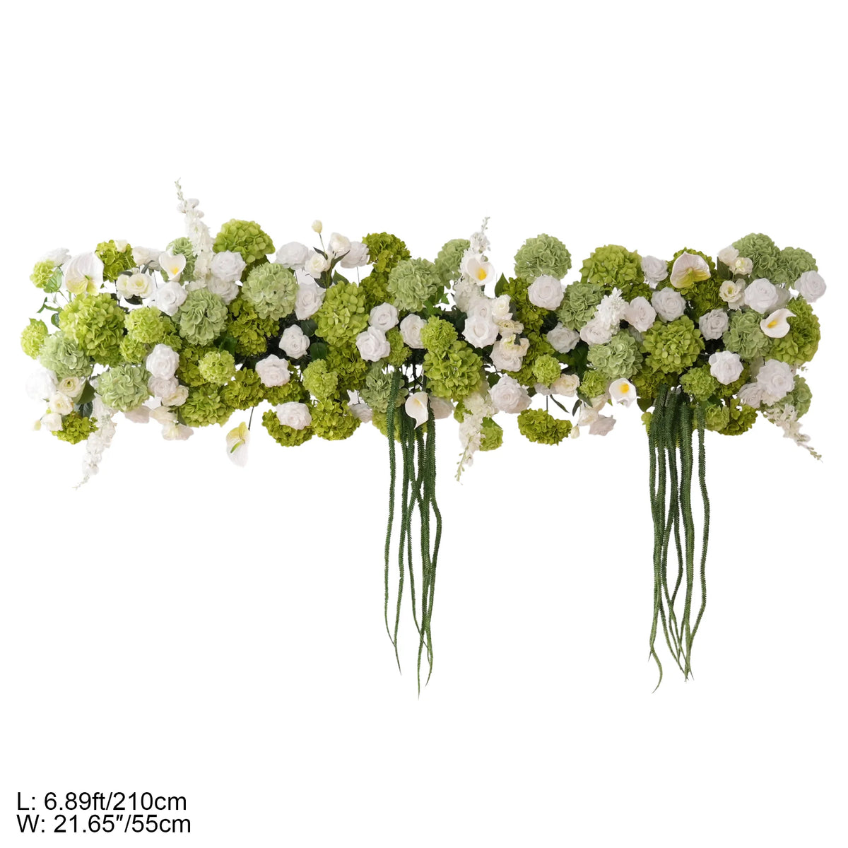 white green flower row for wedding ceremony arch