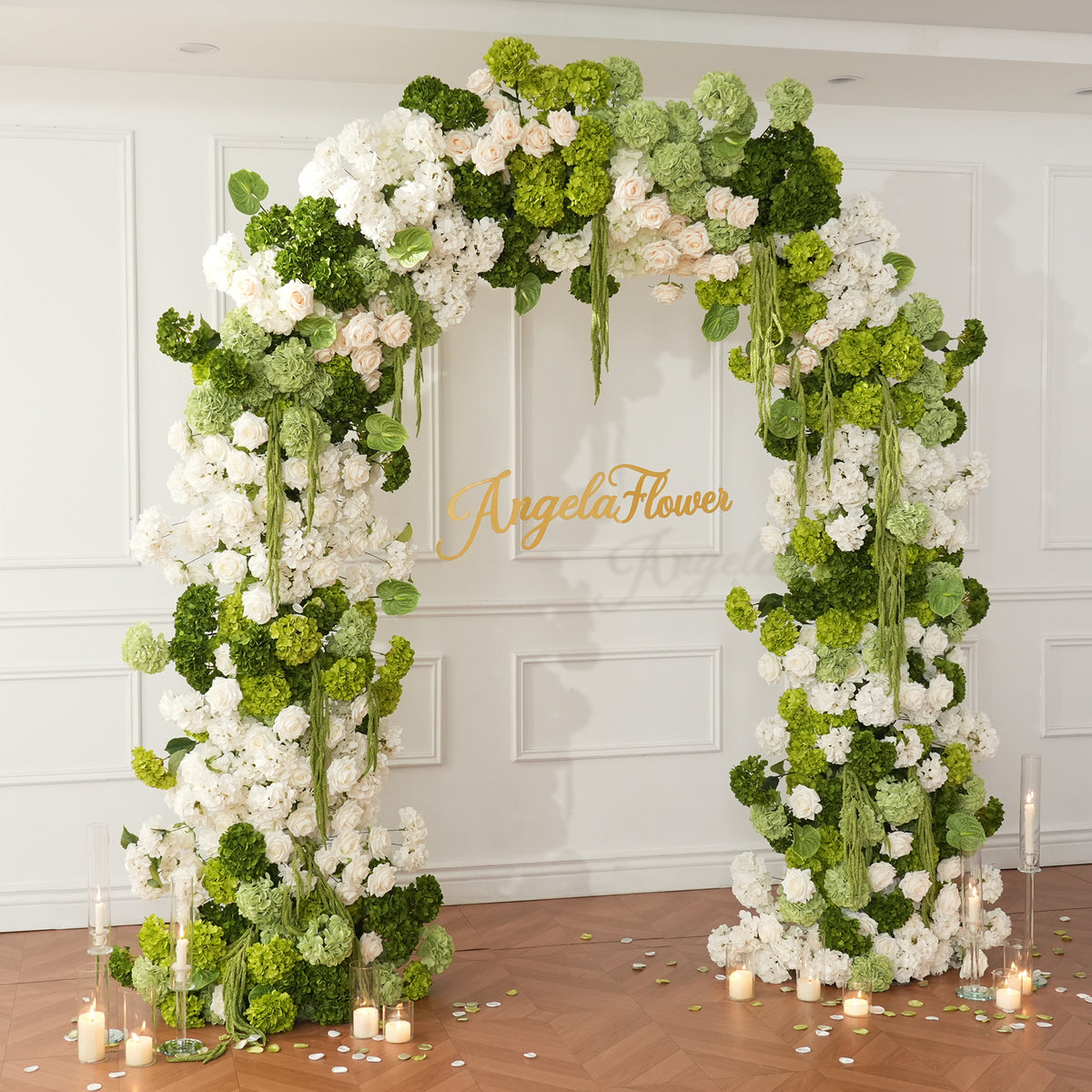 green vine hanging white green wedding arch florals