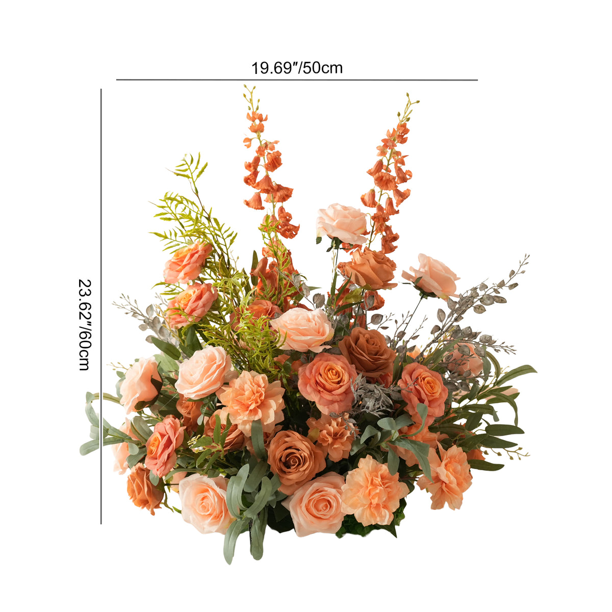 Artificial garden rose and eucalyptus table arrangement for fall event and wedding decor
