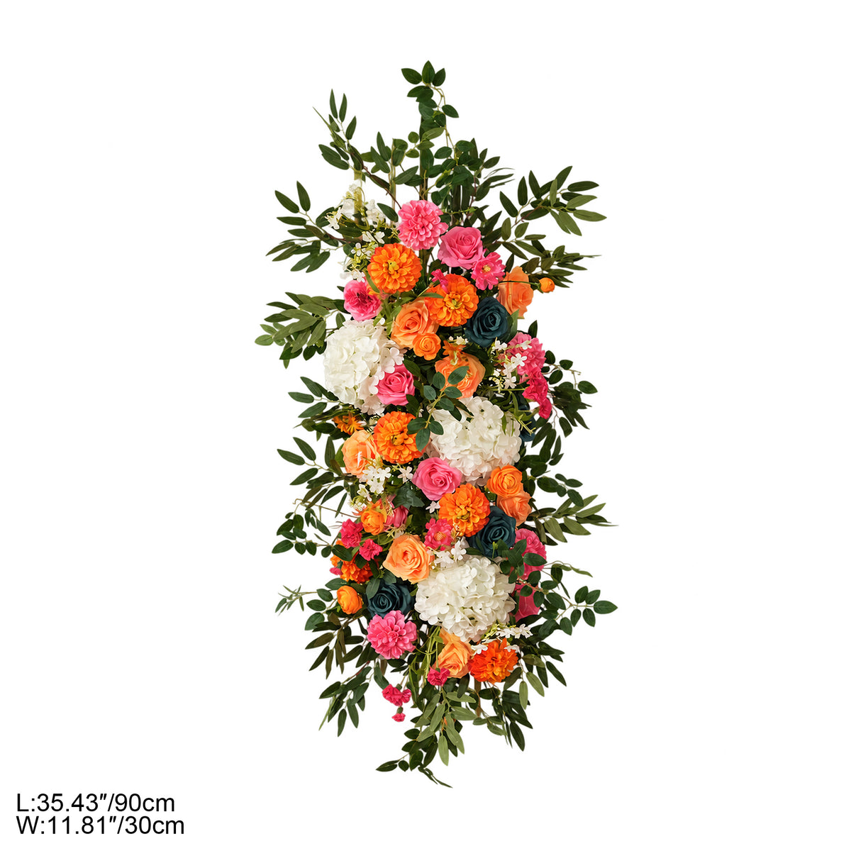 Bright garden style sunset floral arch for outdoor ceremony