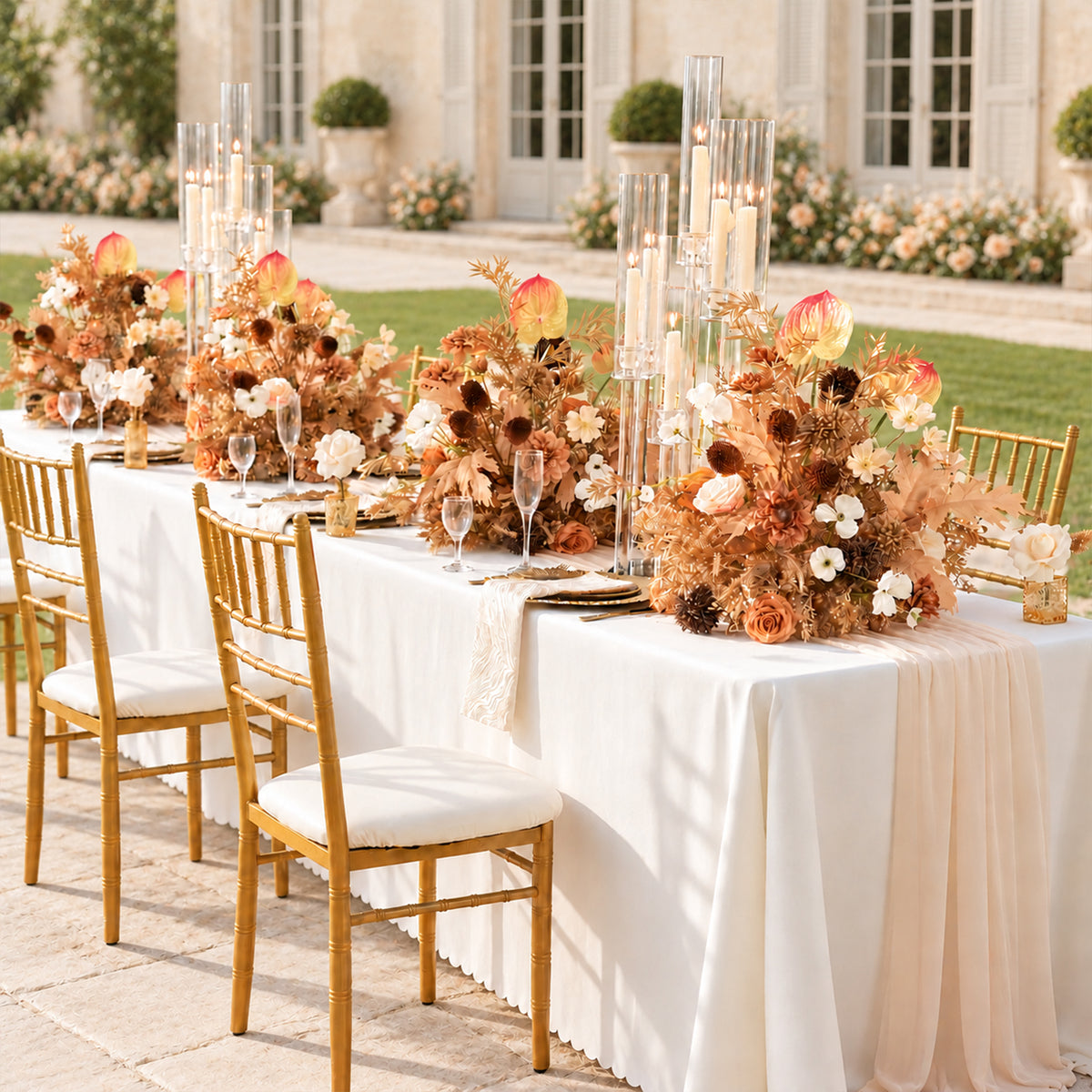 Warm gold anthurium mixed bloom table centerpiece for fall wedding