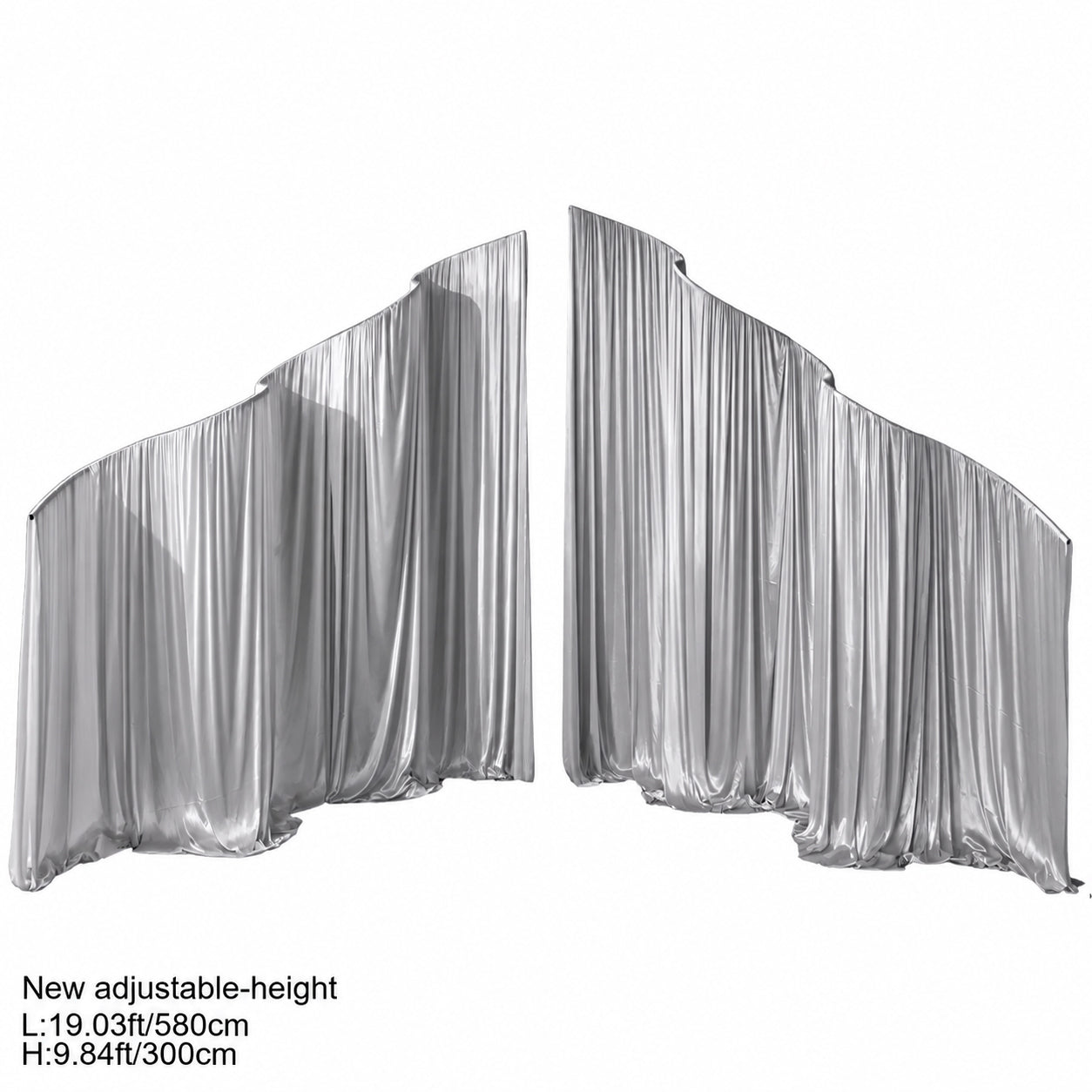 Silver grey satin curtain drape with metal arch frame for modern wedding and event backdrop
