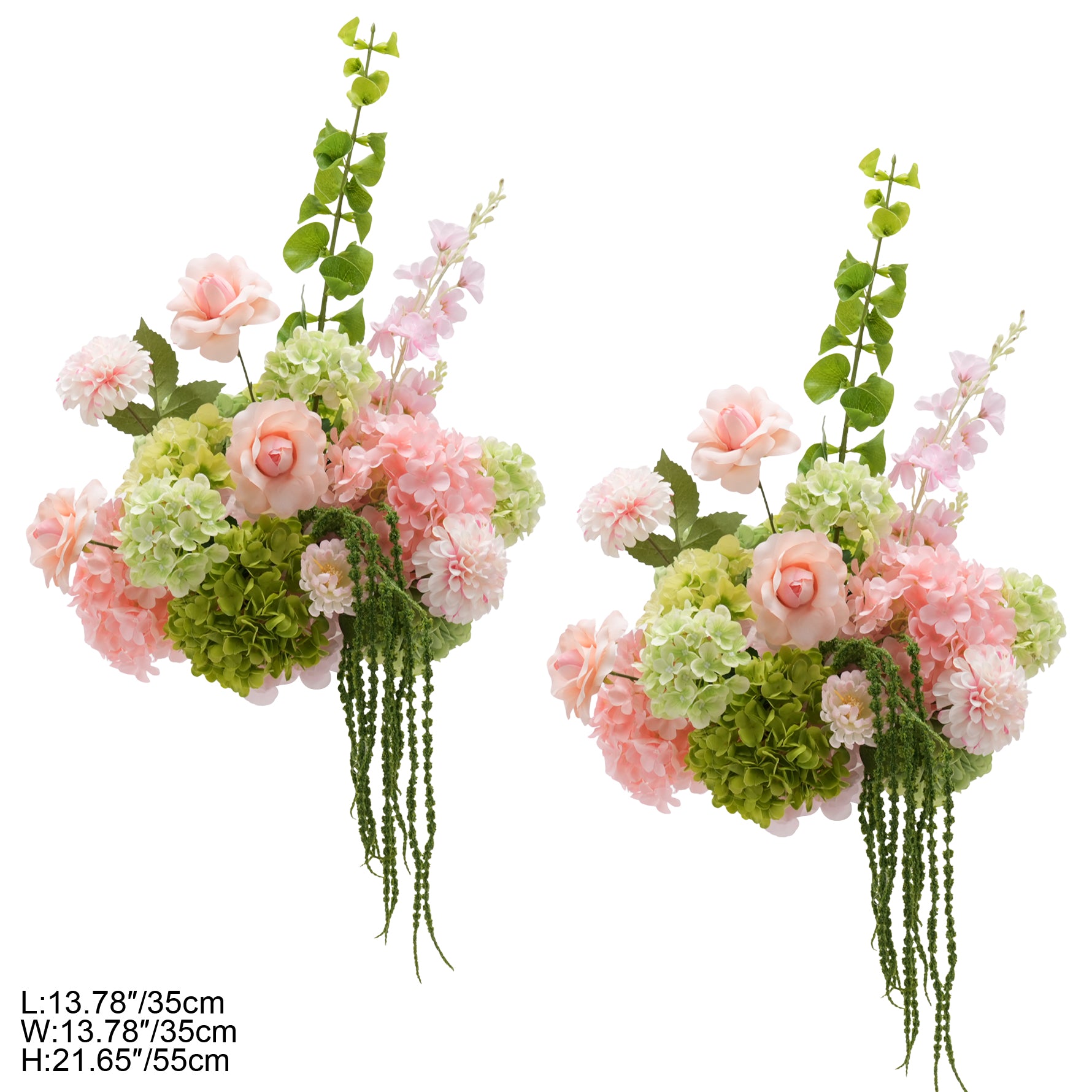 Outdoor wedding table setup with realistic pink green artificial flowers