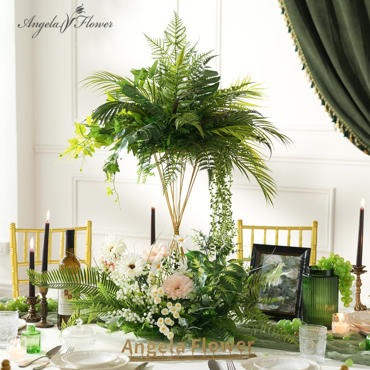 Greenery wedding table centerpiece for tall gold stand