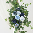 Navy blue cream wedding ceremony arch florals