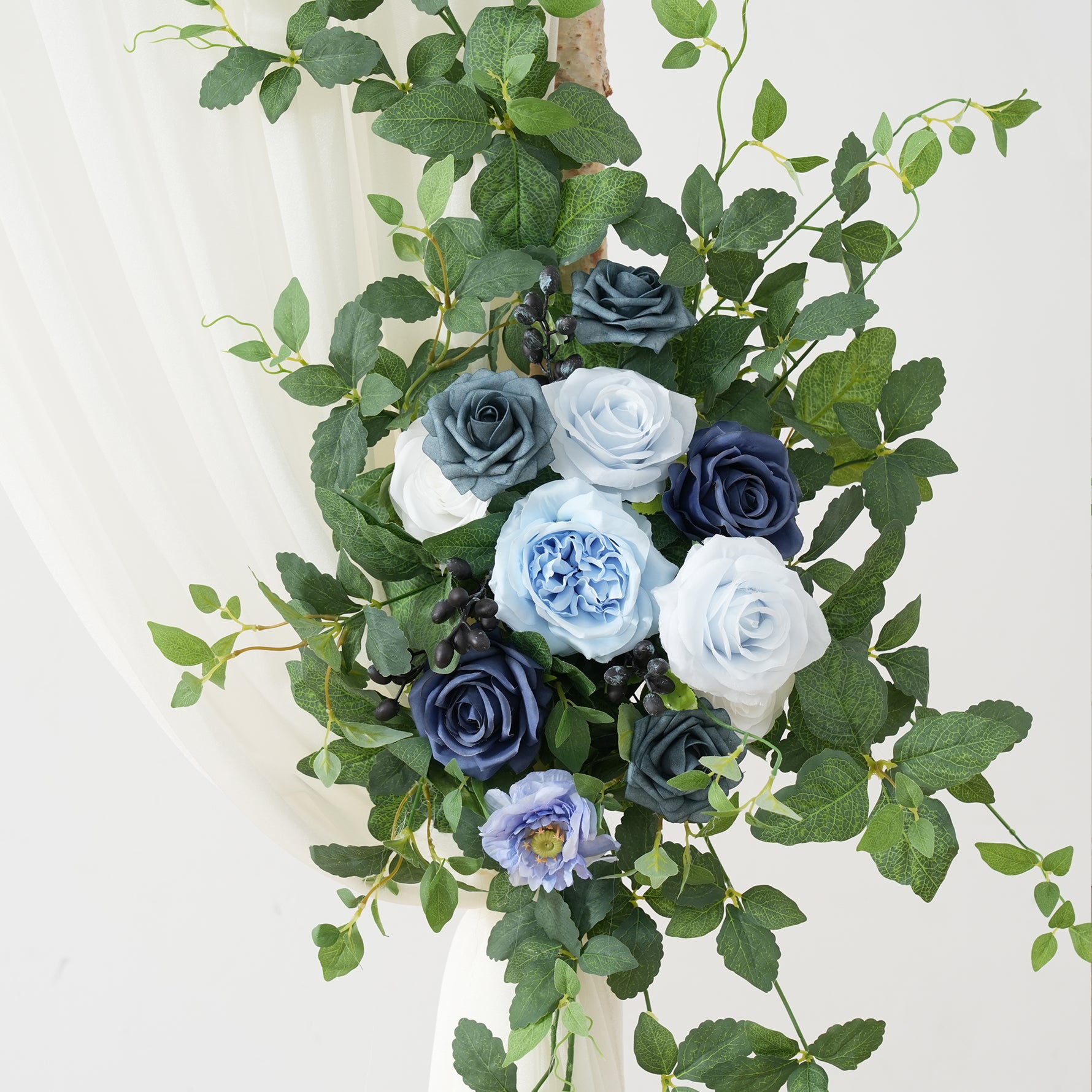 Navy blue cream wedding ceremony arch florals