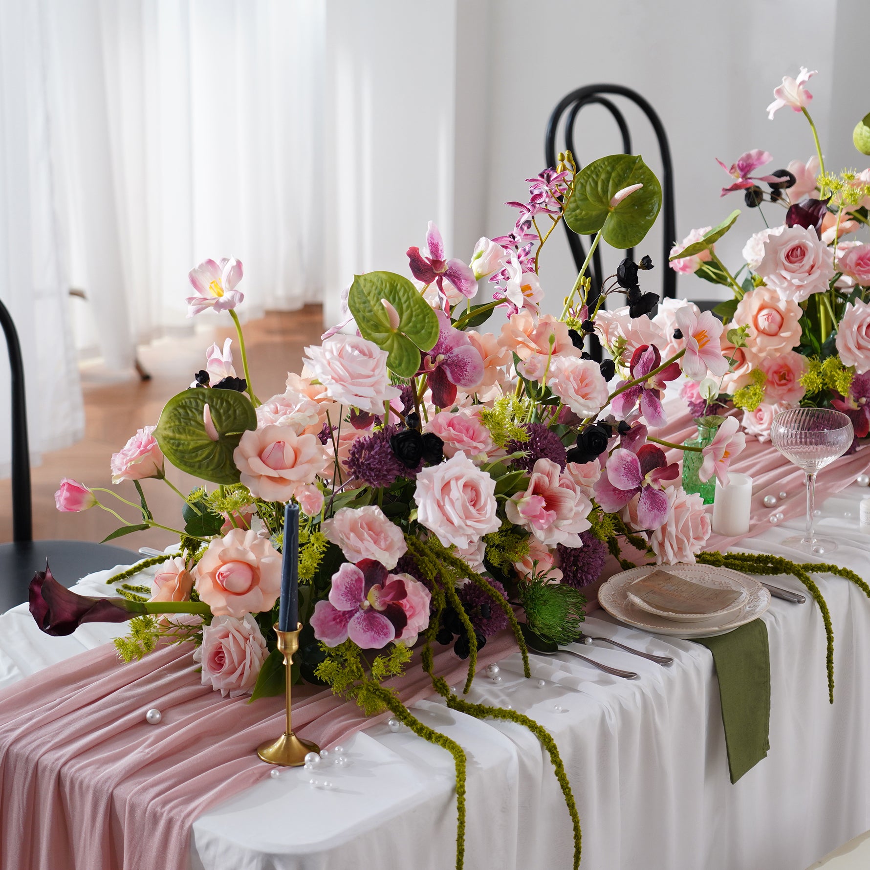 Elegant Faux Floral Table Runner Arrangement