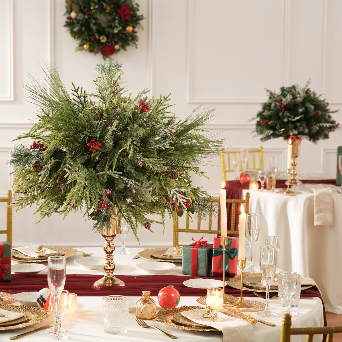 Mixed frosted pine cedar eucalyptus stems with red berries for christmas floral arrangements