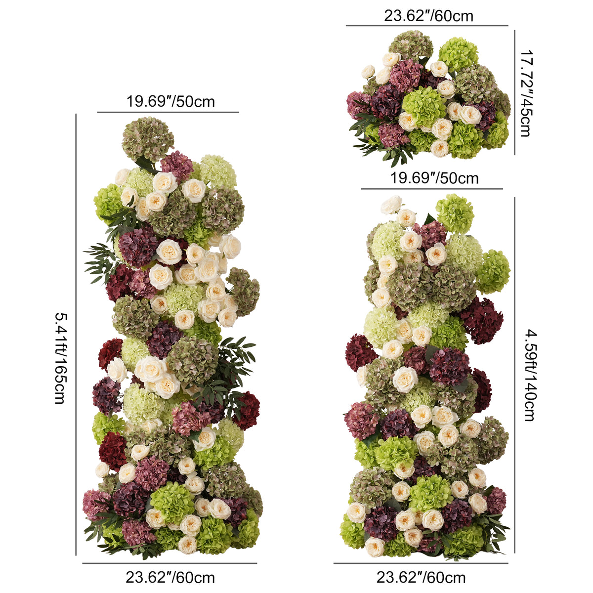 Lush dense hydrangea and rose floral installation