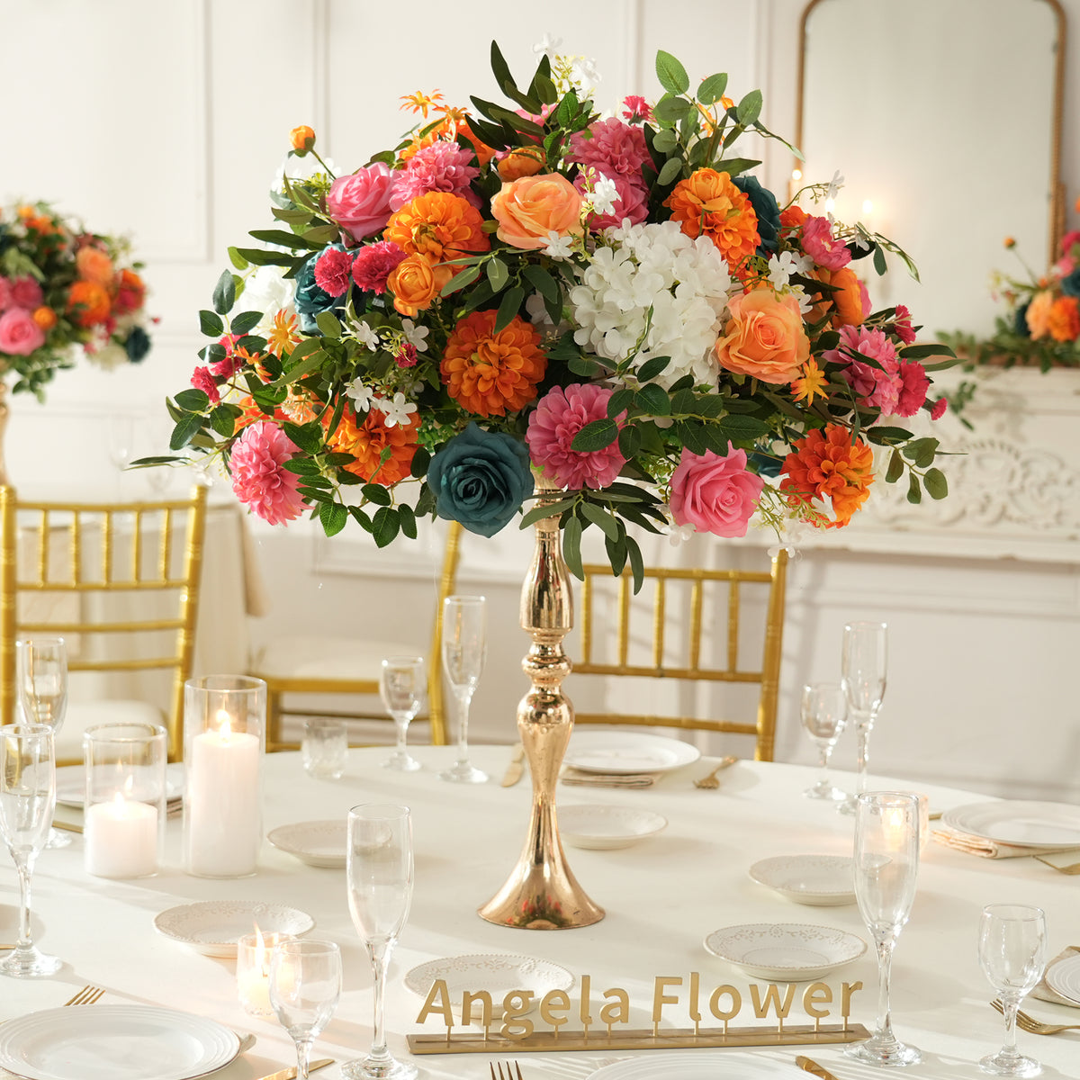 Close up detail shot of teal, pink and orange mixed blooms