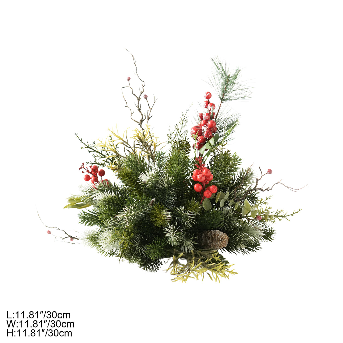 Frosted evergreen stems with bright red berries for farmhouse christmas styling