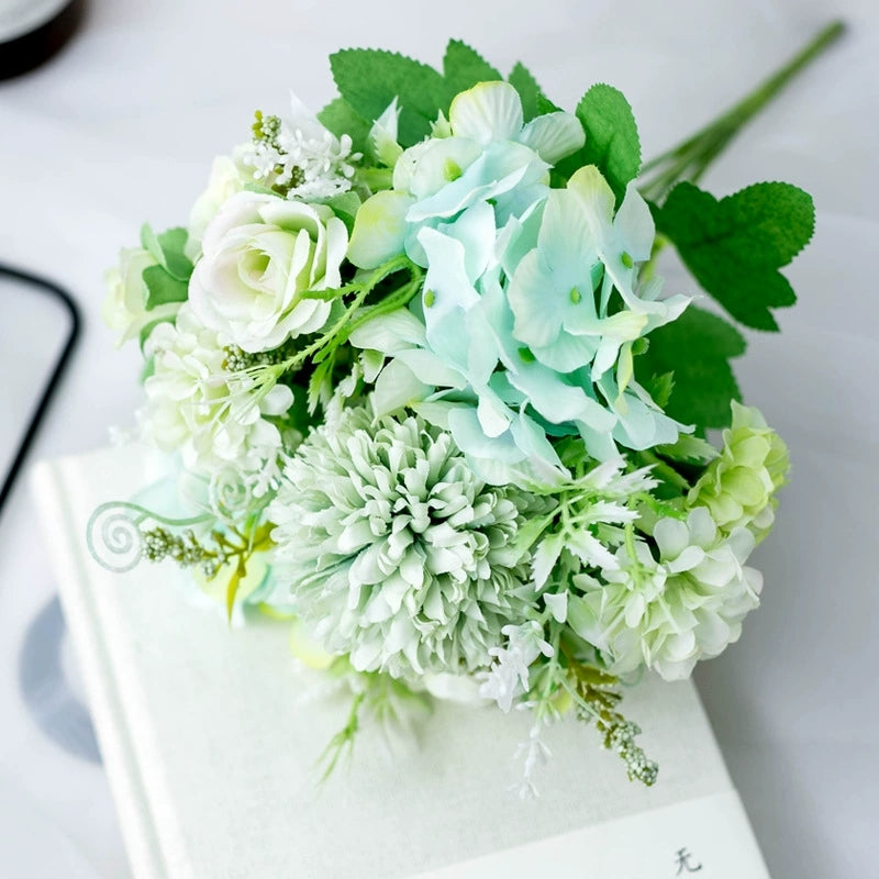 mint faux mixed rose hydrangea decorative stems