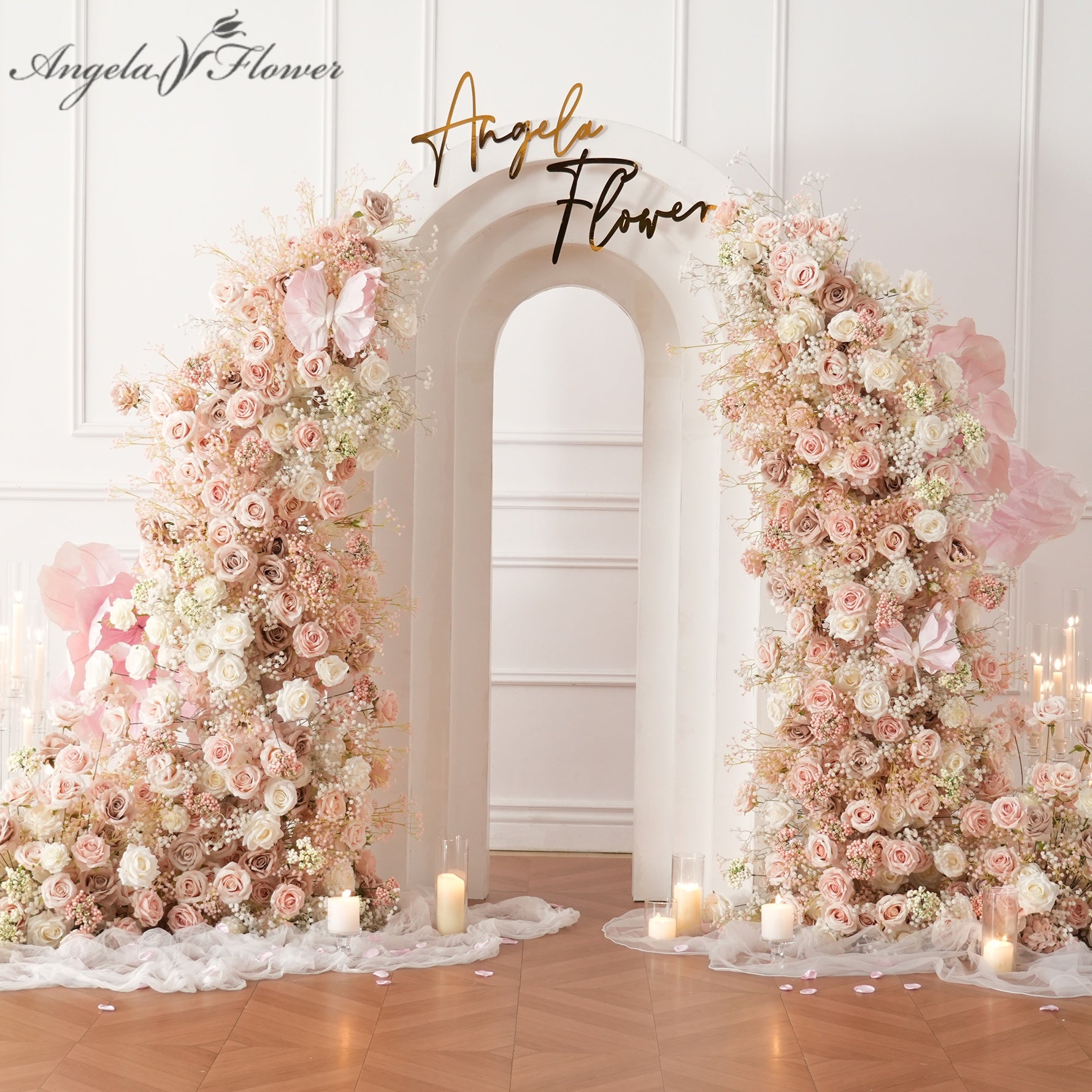faux dusty pink rose ceremony arch florals