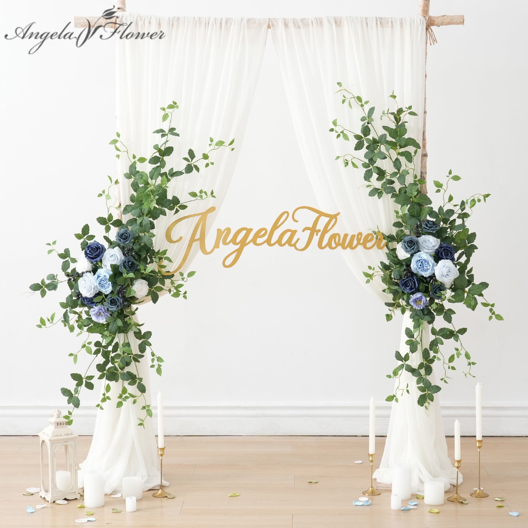Blue white artificial flower wedding arch arrangement
