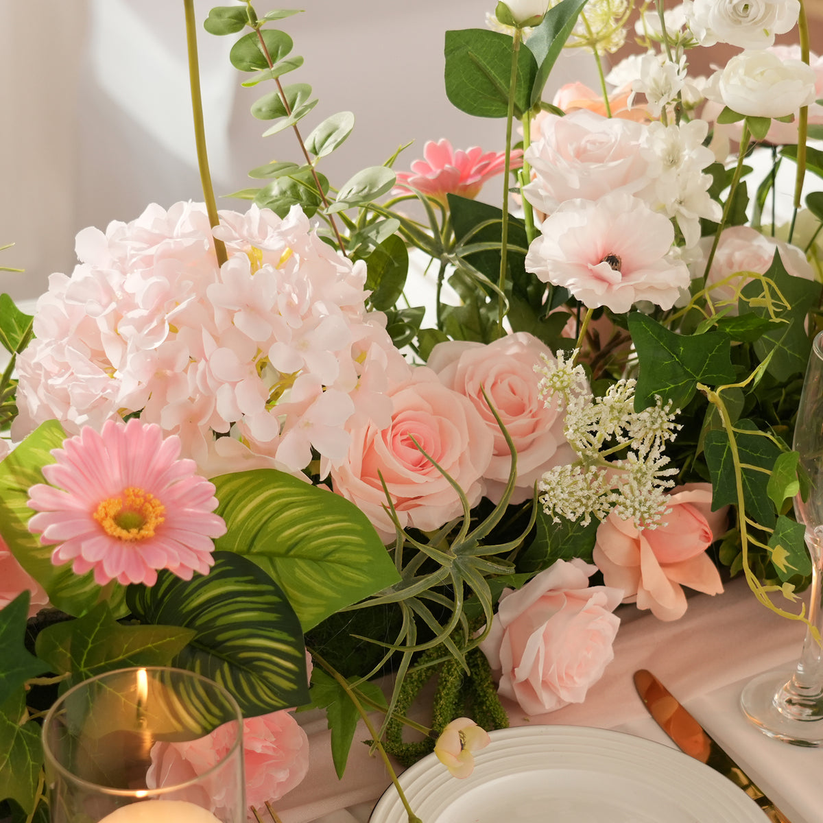 white ranunculus artificial long floral arrangement for banquet