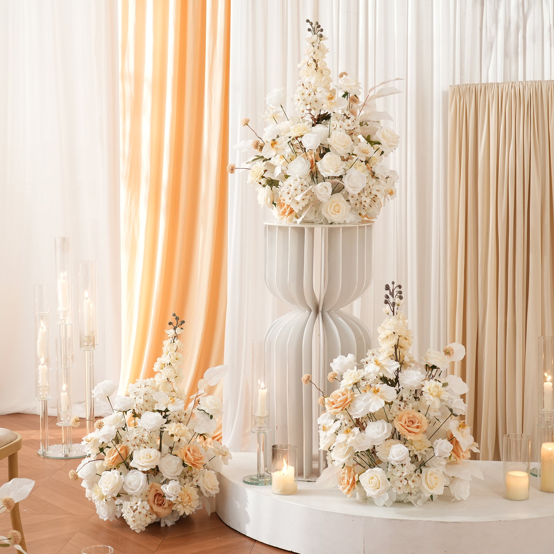 champagne and white silk flowers centerpiece decor