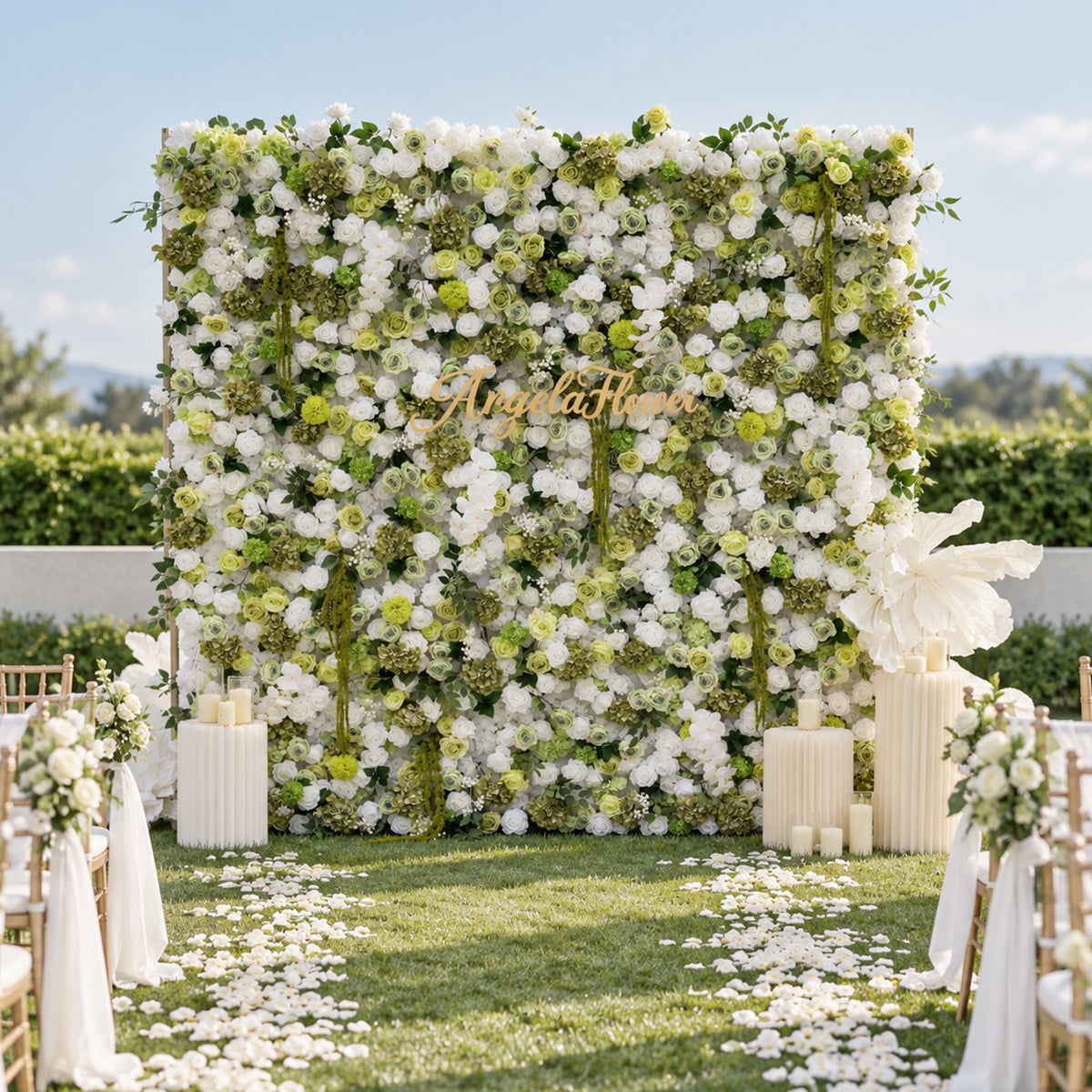 White and green artificial flower wall backdrop, lush silk roses mixed greenery panel for wedding photo booth reception decor