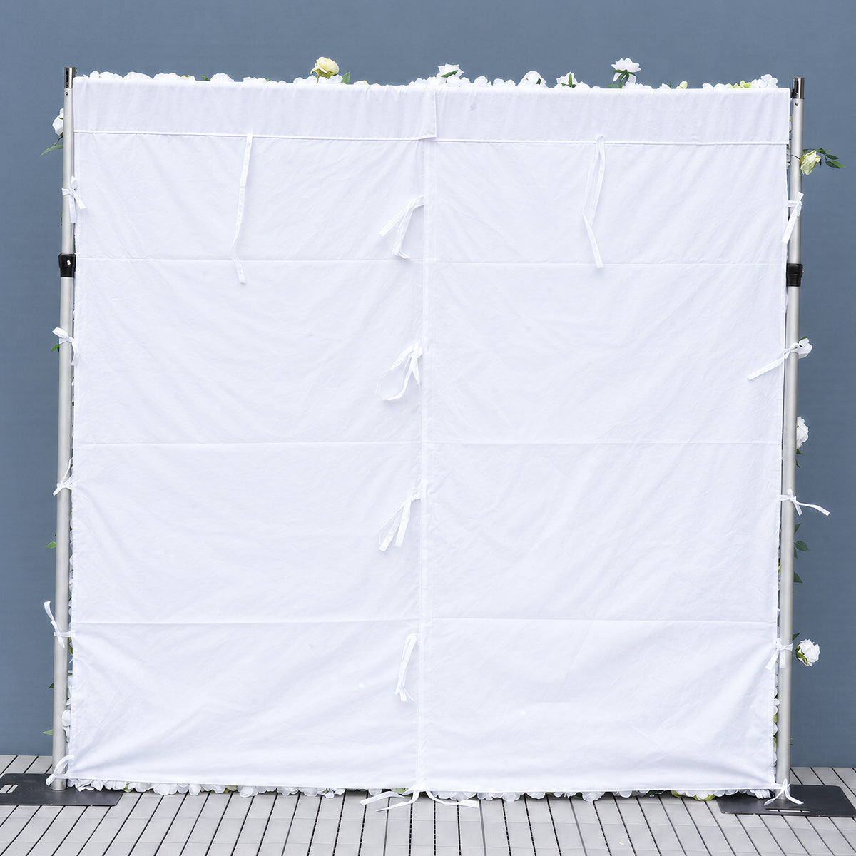 Full‑size silk flower wall with ivory roses and greenery, elegant backdrop for wedding, party and event styling