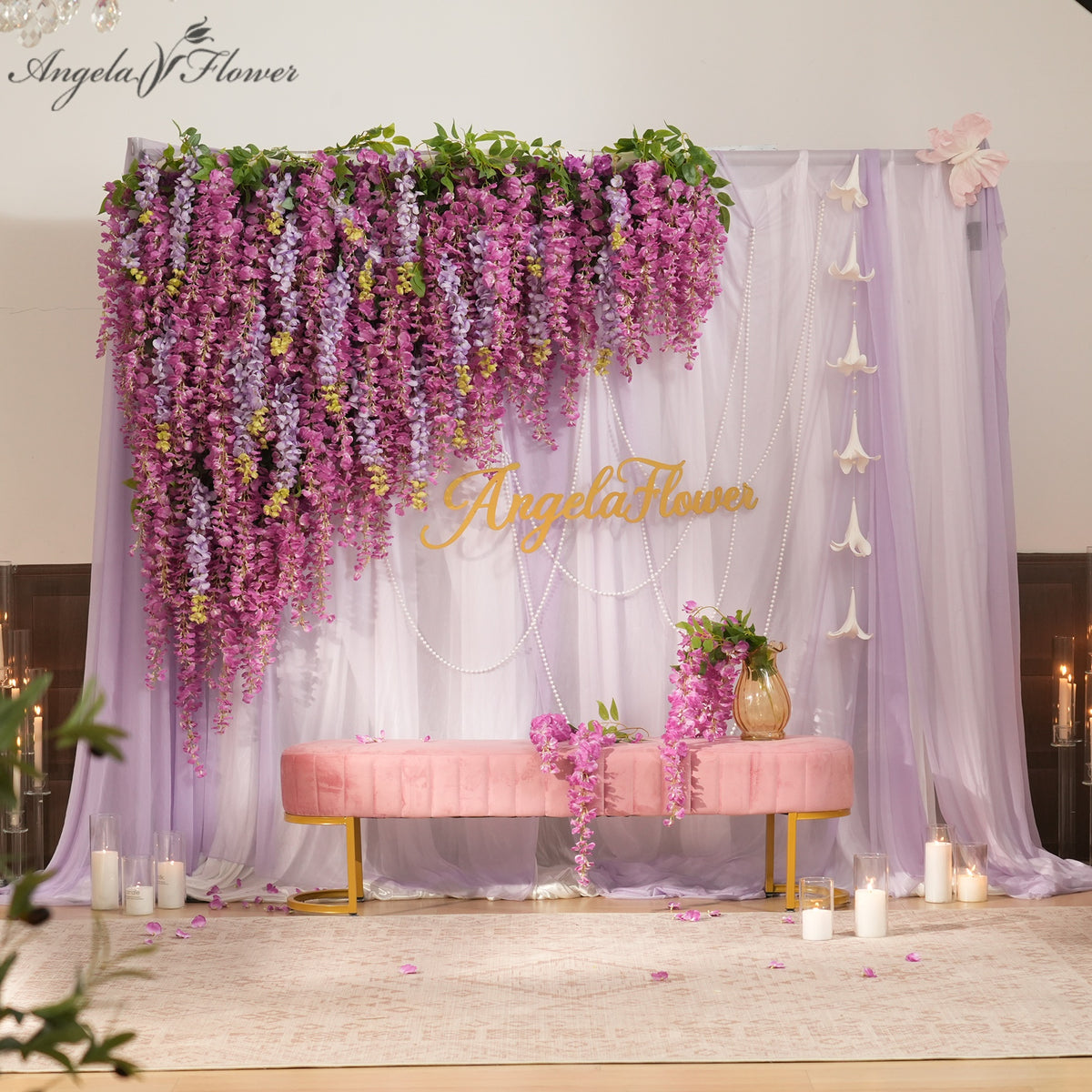 Color sample shot of mixed tone wisteria blooms on fabric base mat