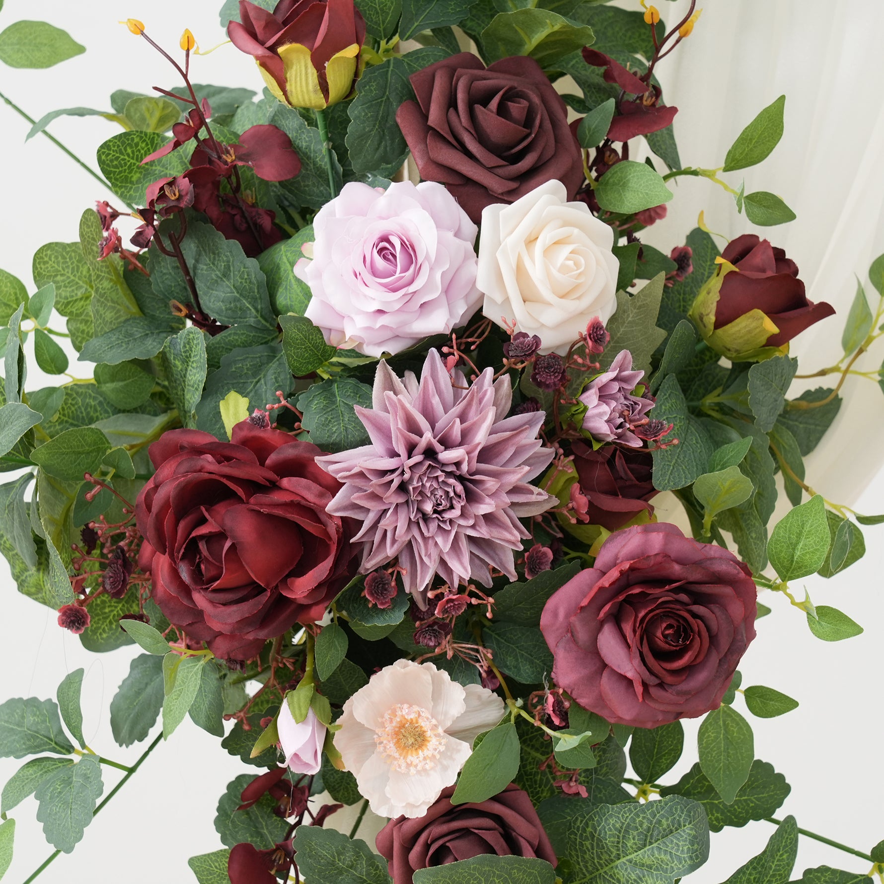 Burgundy silk flower arrangement for wedding hexagon arch