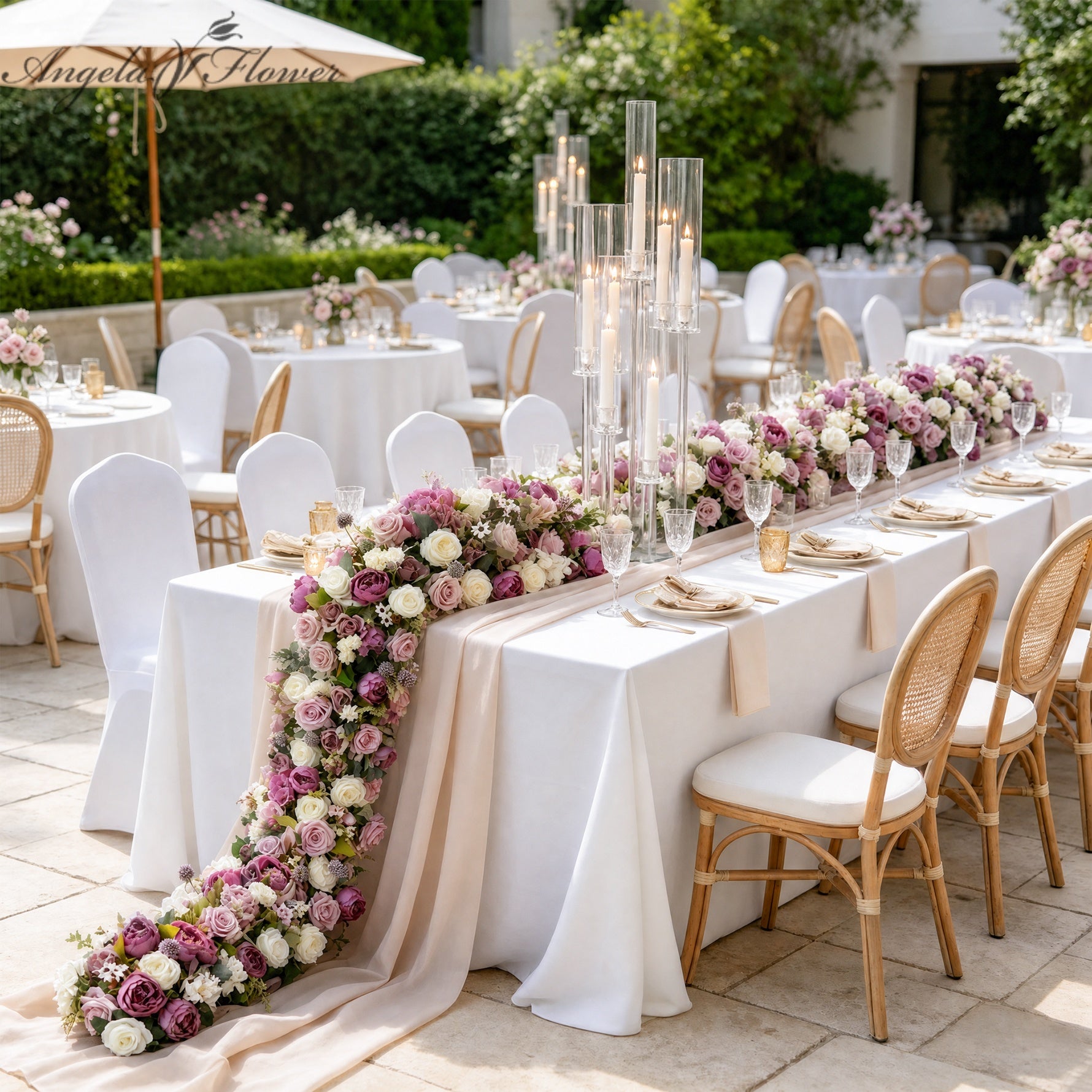 Purple cascading artificial flower table runner with peonies, roses