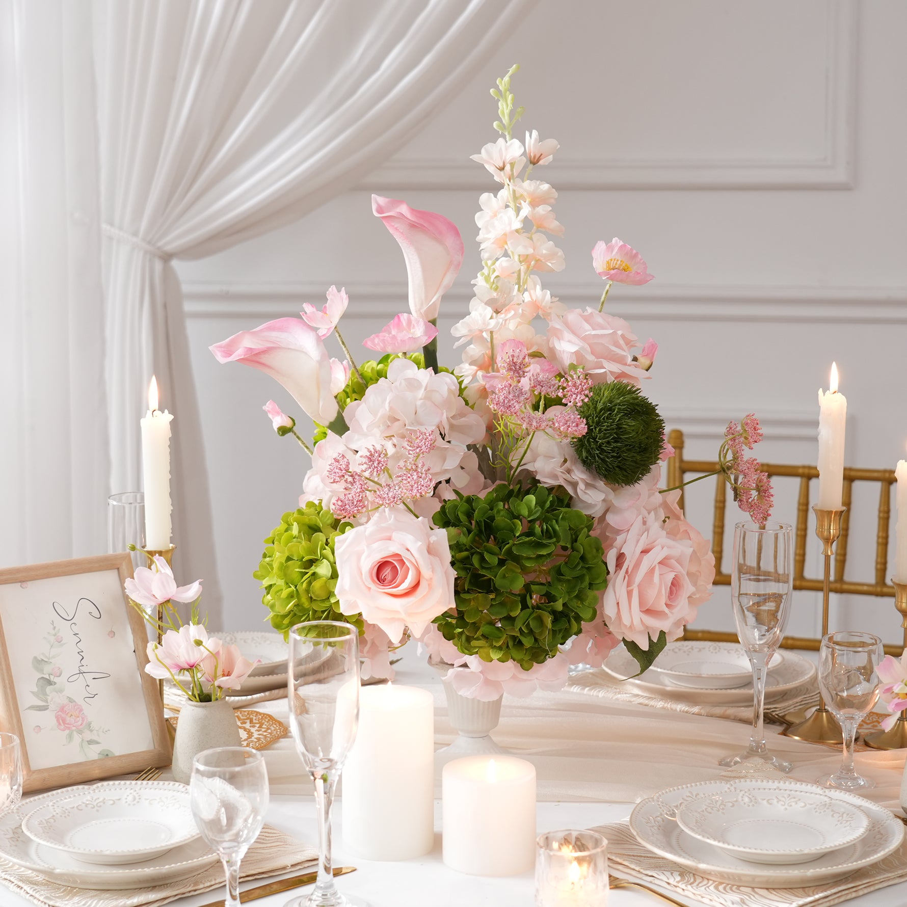 Luxury outdoor wedding tablescape with blush pink artificial floral decor