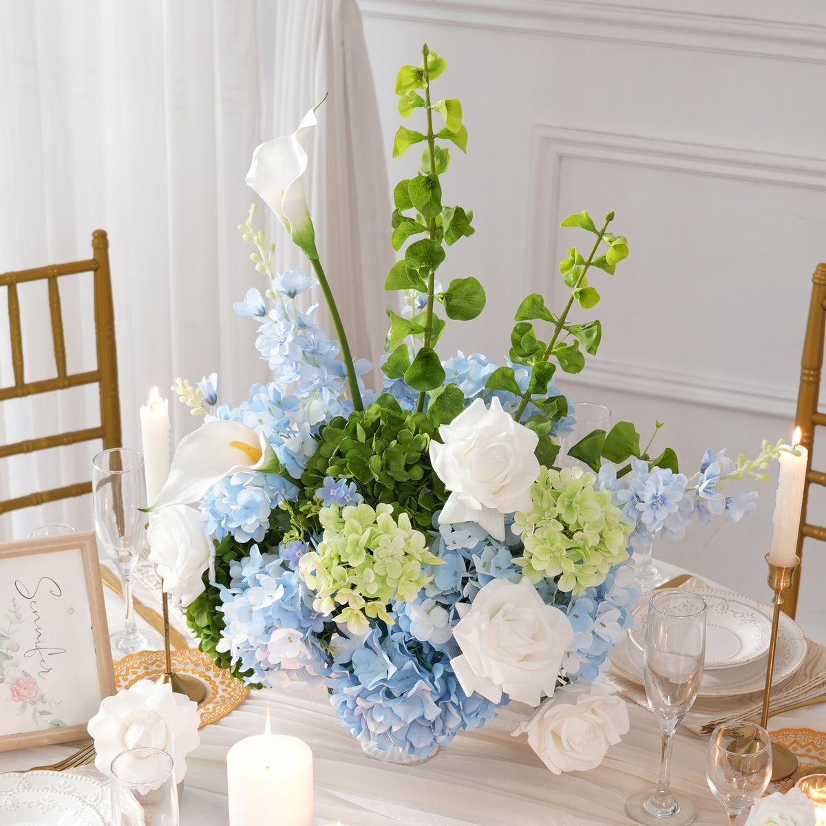  Luxury outdoor wedding tablescape with artificial blue white floral decor