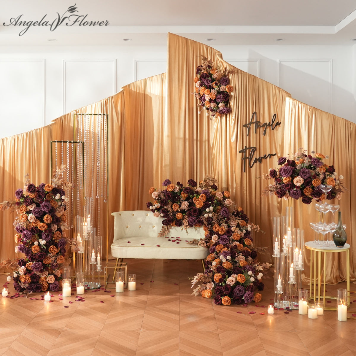 Moody fall tone plum mauve rose arrangement for wedding ceremony background