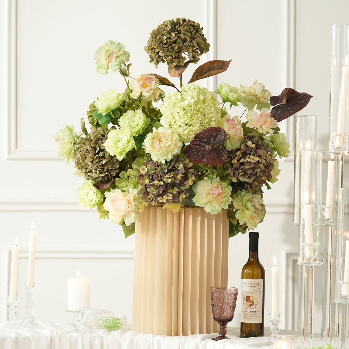 Blush pink hydrangea with pale anthurium accents