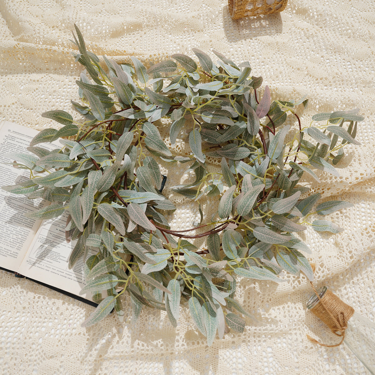Sage green faux eucalyptus garland table runner decor
