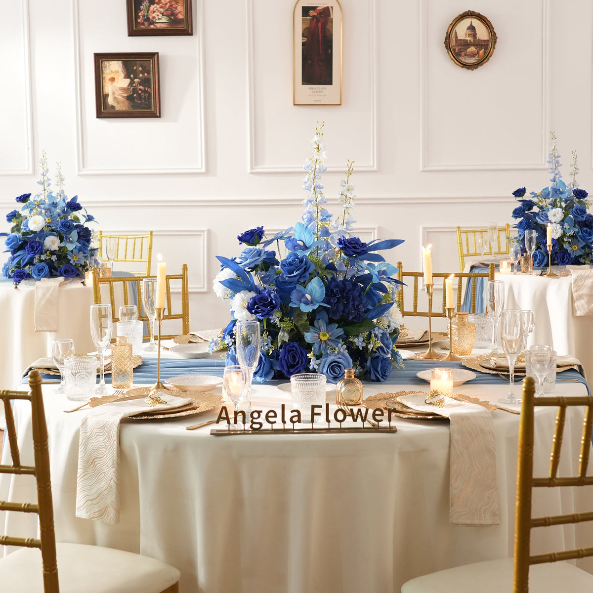 Navy blue mixed silk bloom table bouquet for wedding reception styling