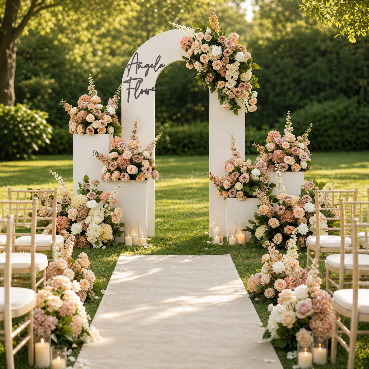 peach ivory faux floor flower bouquet for wedding stage styling