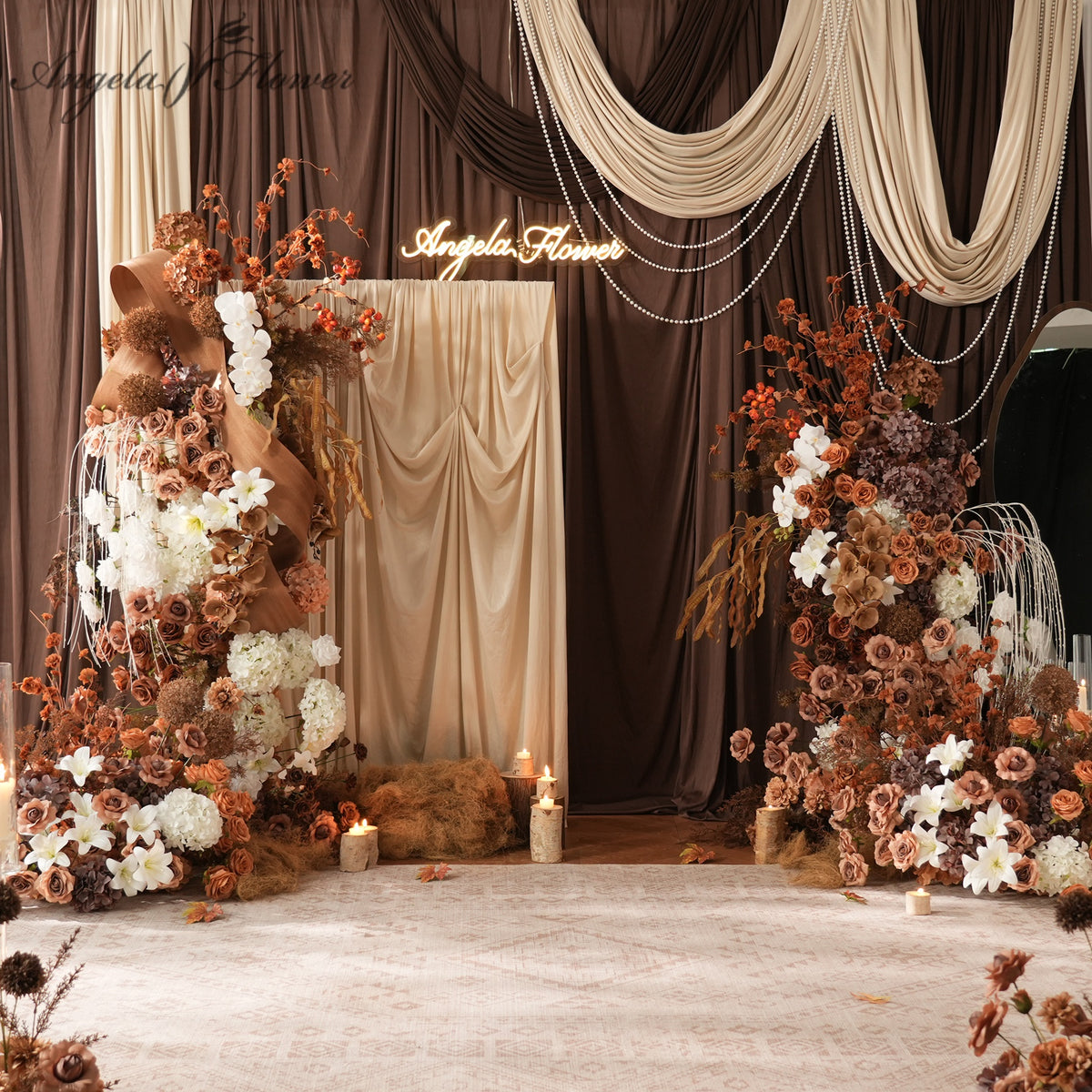 fall brown white wedding floral arch set
