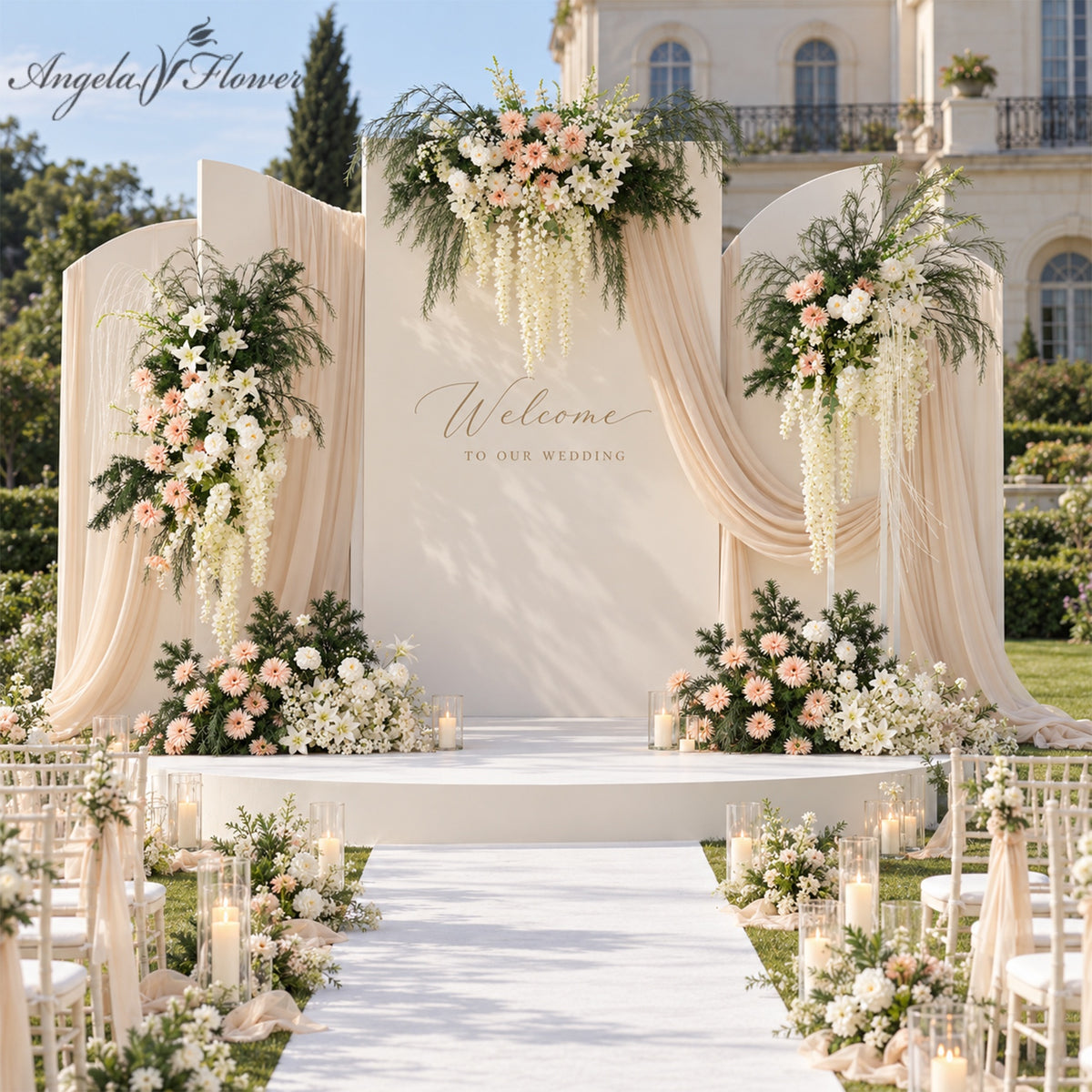 Long vine trailing hanging flower swag for wedding backdrop corners