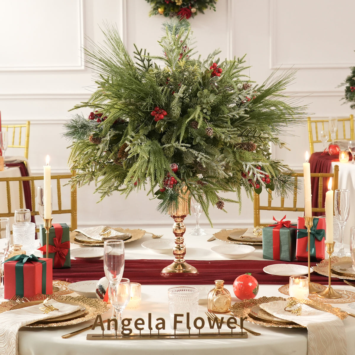 Christmas welcome sign swags with frosted cedar, red berries and pinecone corner florals