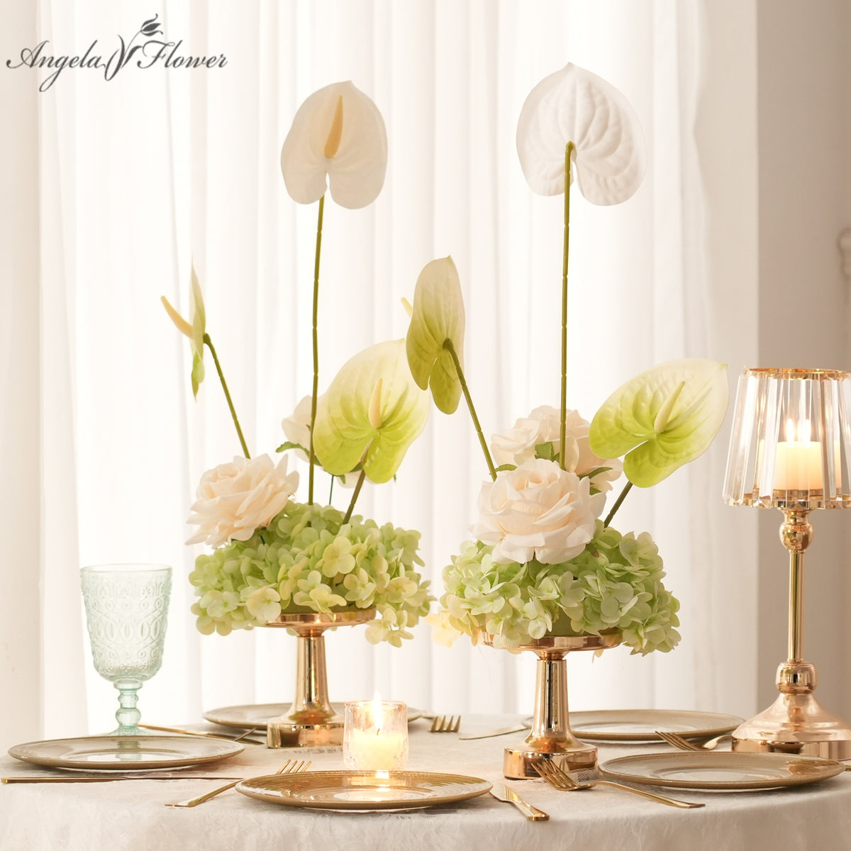 Green hydrangea anthurium table centerpiece for garden wedding reception