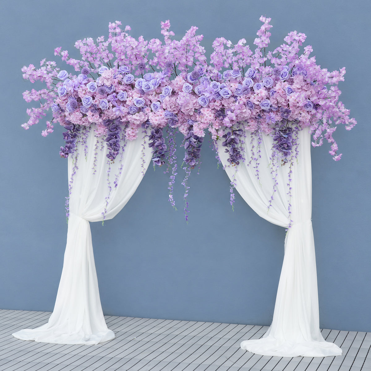 Deep purple wisteria drape floral backdrop decor