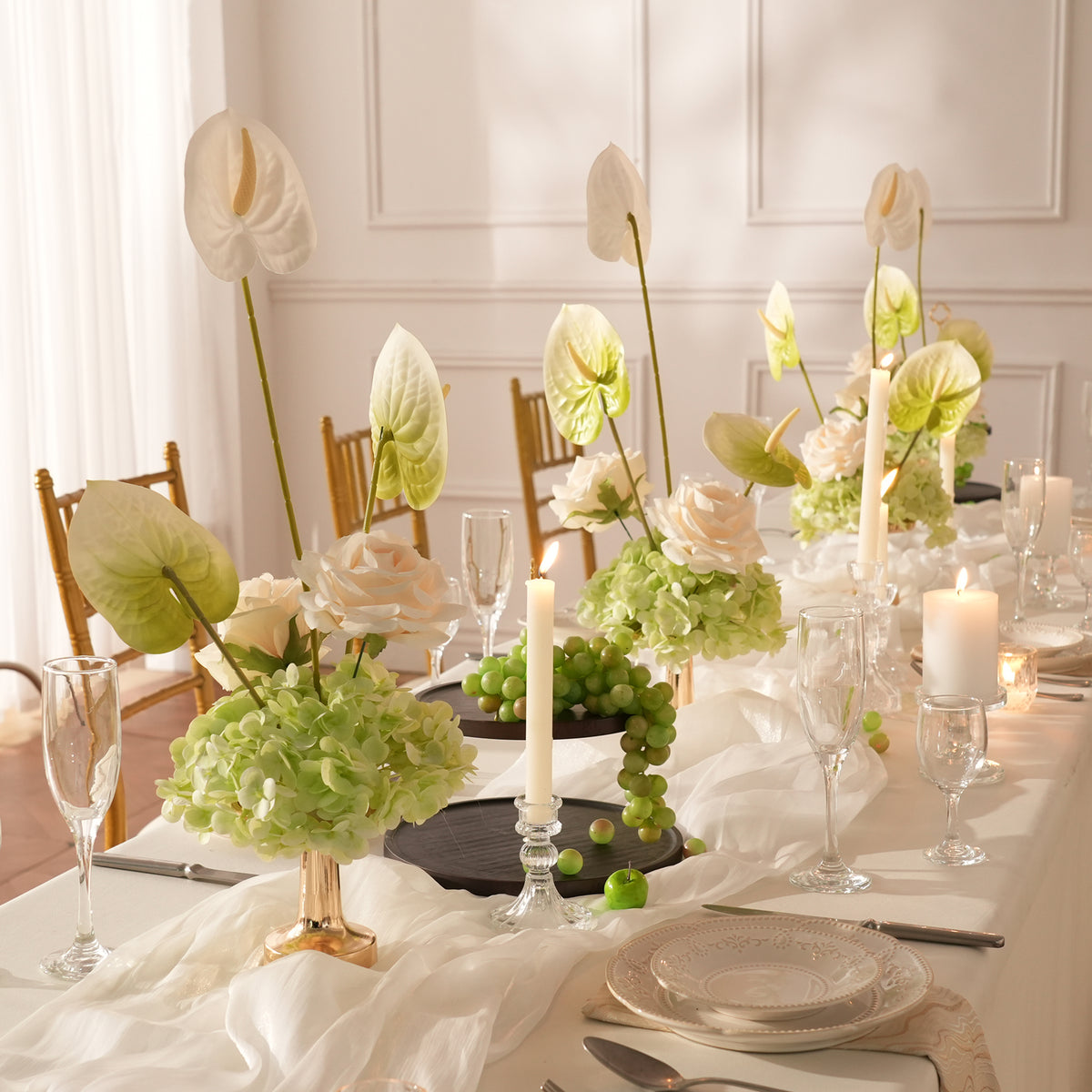 Mixed anthurium and hydrangea faux flower table decor