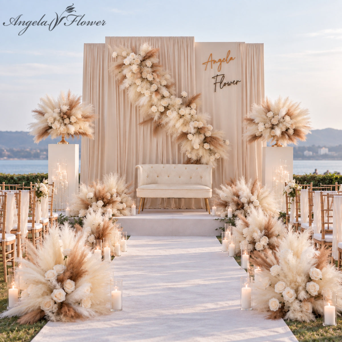 beige pampas grass and cream rose wedding floral set