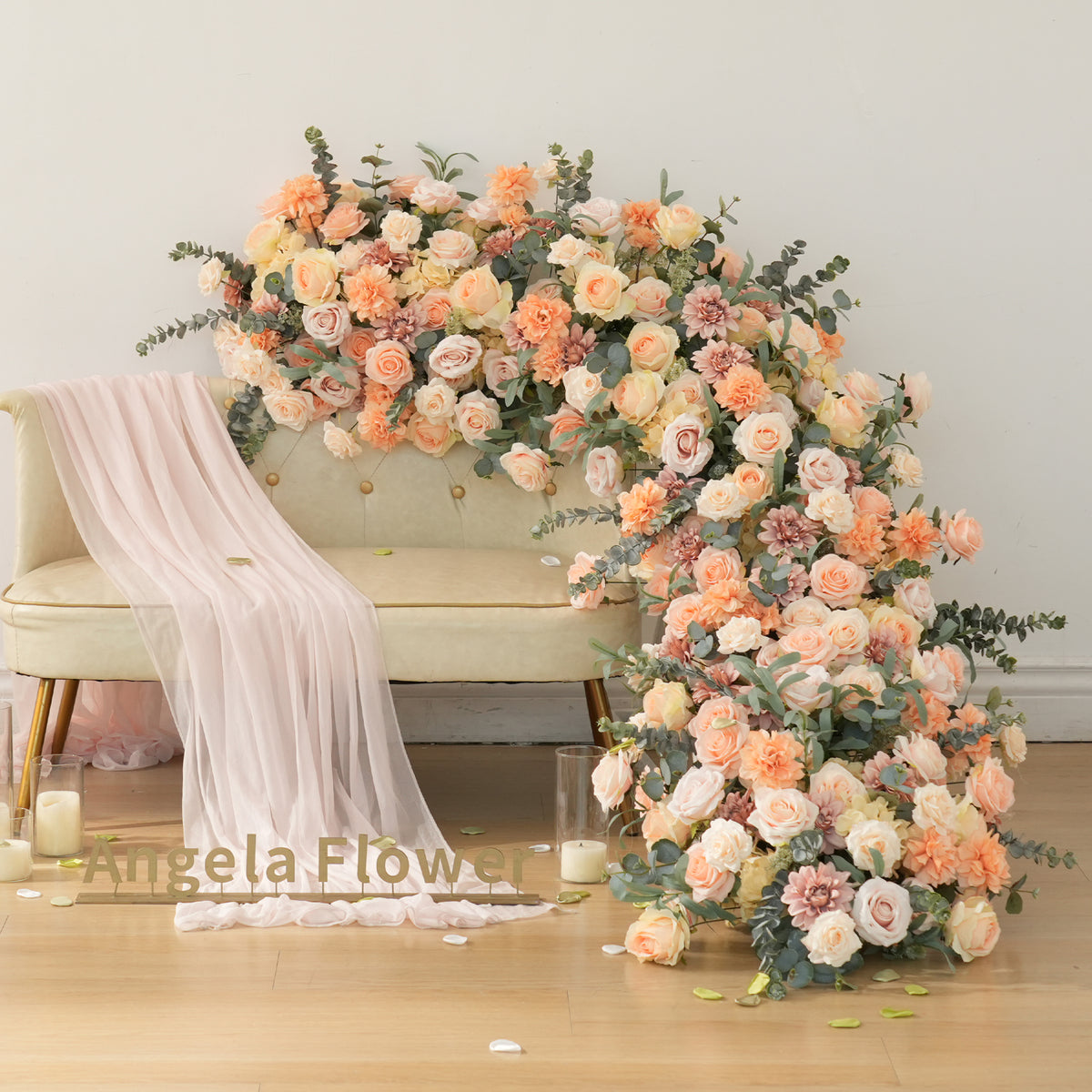 Artificial dahlia and rose flower row backdrop decor