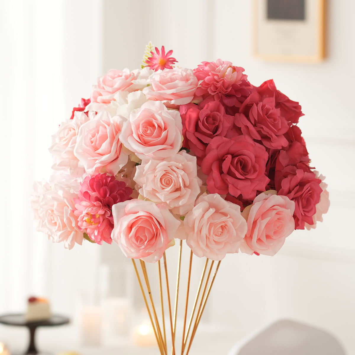Pink artificial rose cluster detail shot for table centerpiece arrangements