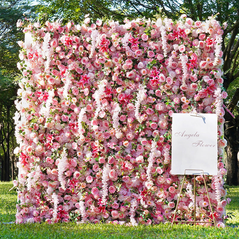 Pre-made flower wall with artificial roses and wisteria, perfect backdrop for party photoshoots