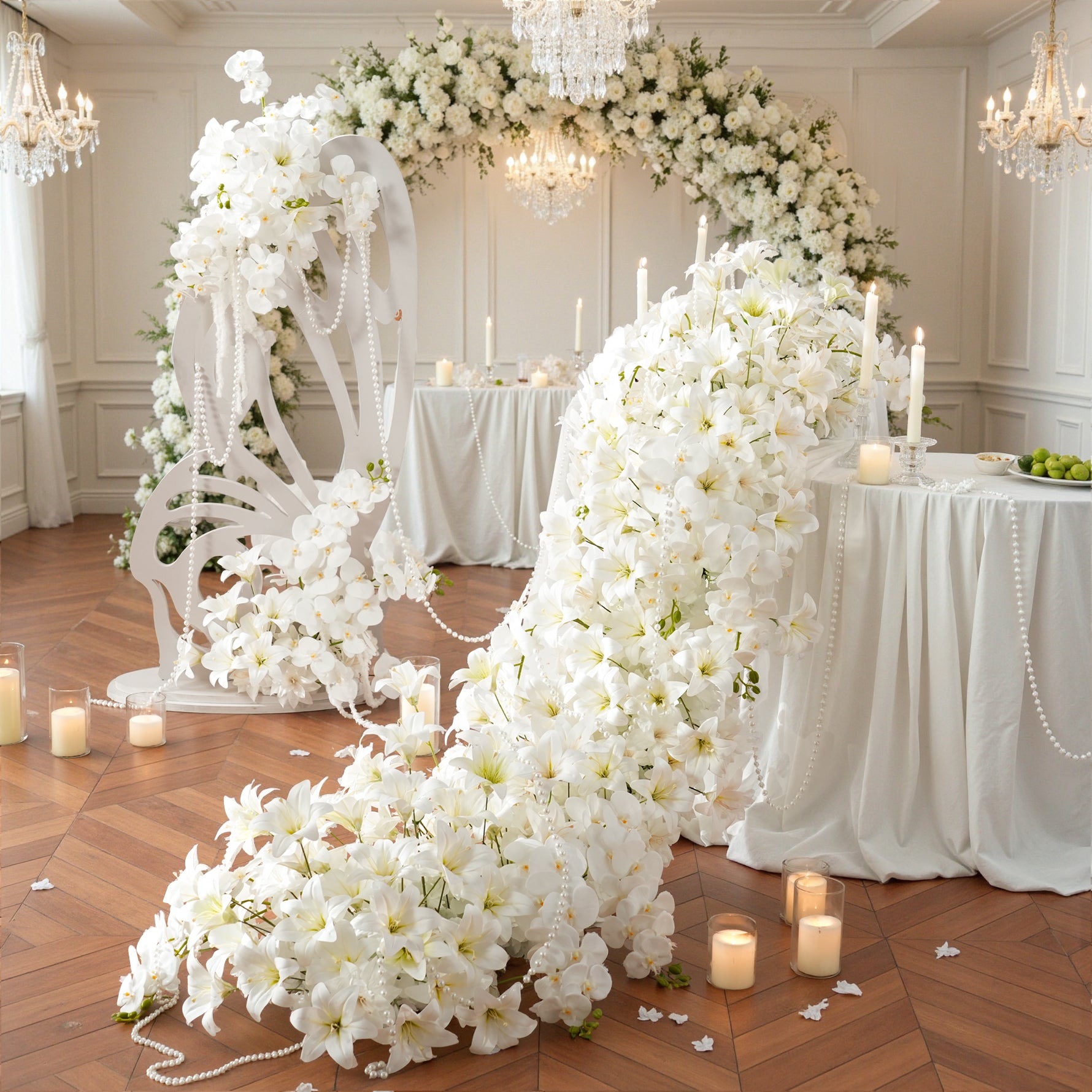 A9113 White Lily Orchid Table Runner Flower Arrangement Wedding