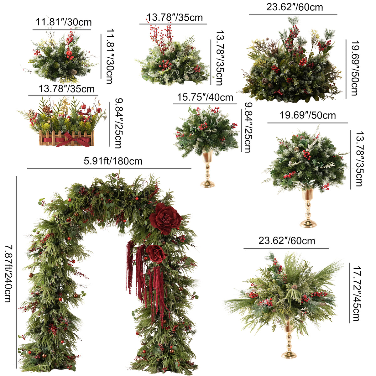 Indoor elegant christmas tabletop decor with pine and red berry floral centerpiece