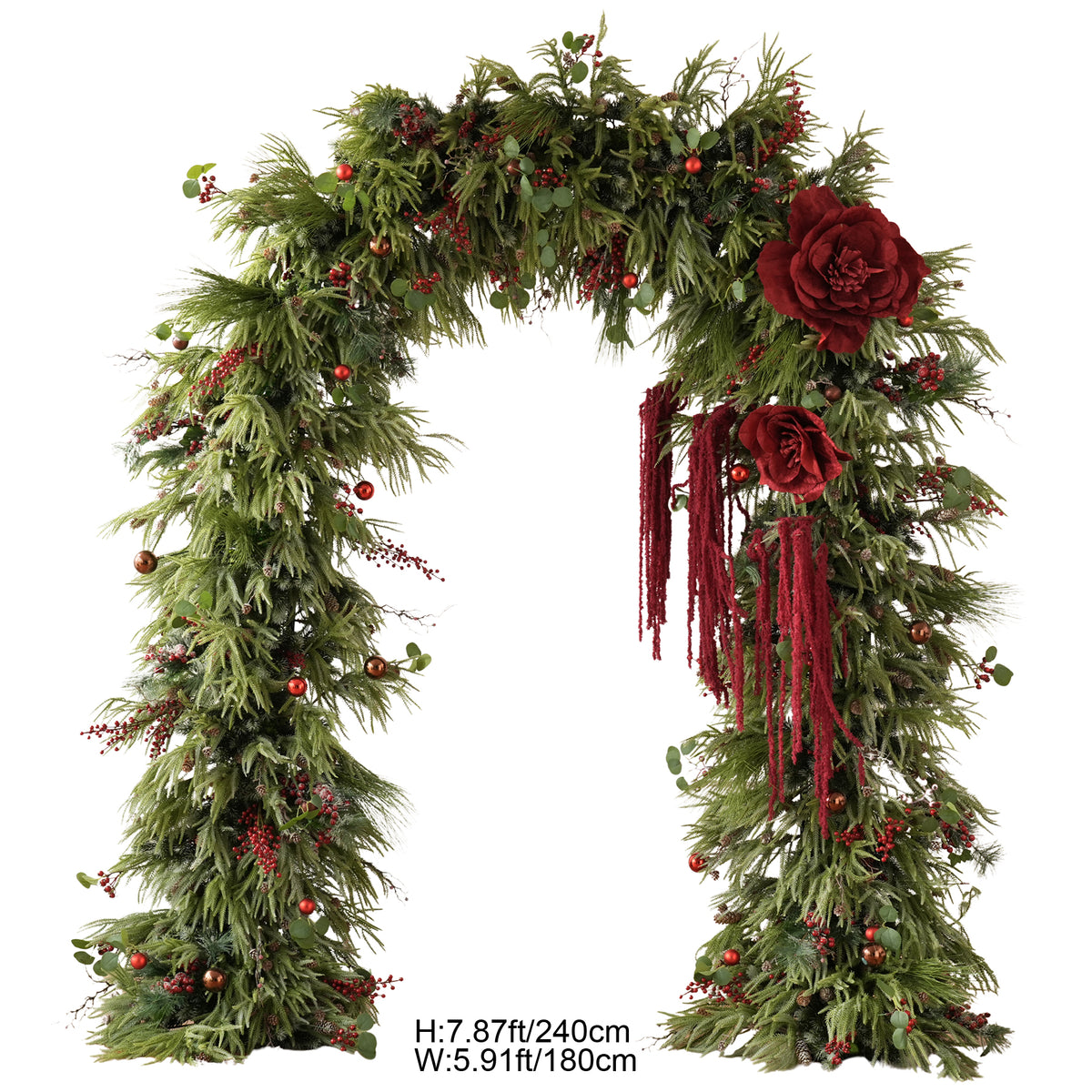 Artificial cedar sprigs, eucalyptus and red berry swags for welcome board decoration
