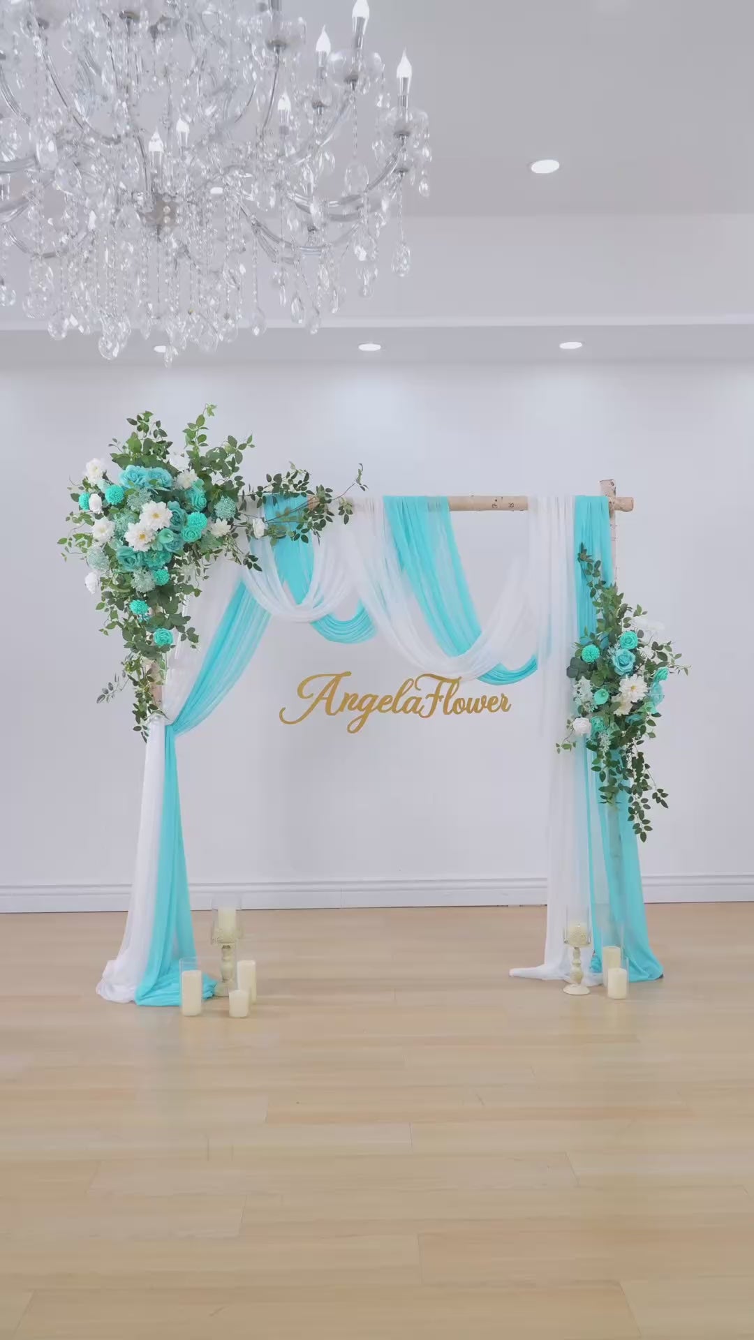 A8956 Tiffany Blue Floral Row Horn Arch Welcome Sign Hang Flower